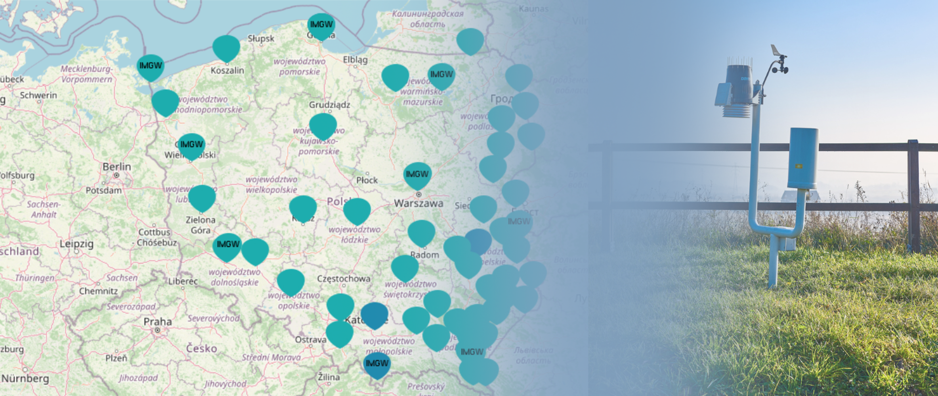 Mapa Polski z zaznaczonymi niebieskimi plamkami - stacjami wczesnego wykrywania skażeń promieniotwórczych. Obok zdjęcie stacji zainstalowanej na zielonej trawie. W tle drewniany płot.