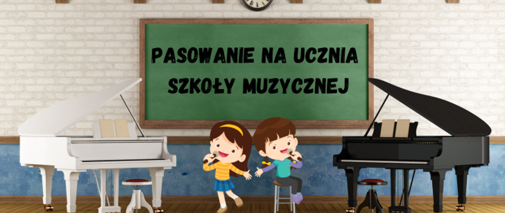 Grafika z napisem pasowanie na ucznia szkoły muzycznej, dwa fortepiany, dzieci z mikrofonami