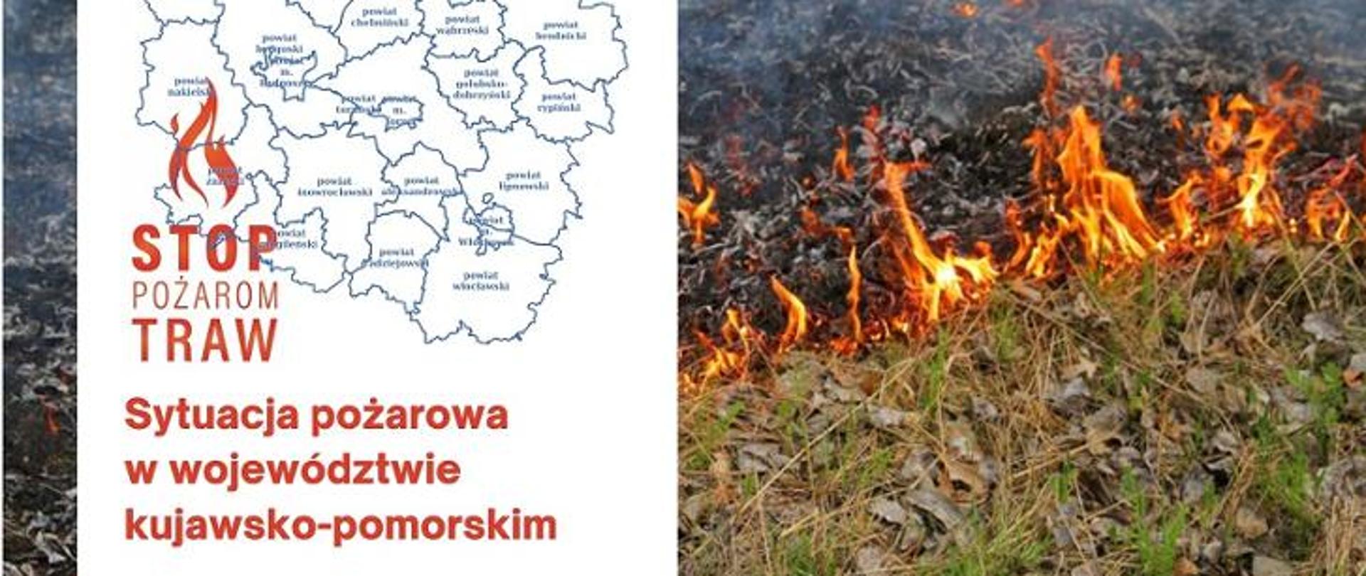 Na zdjęciu mapa województwa kujawsko-pomorskiego z tłem pożaru ściółki leśnej.