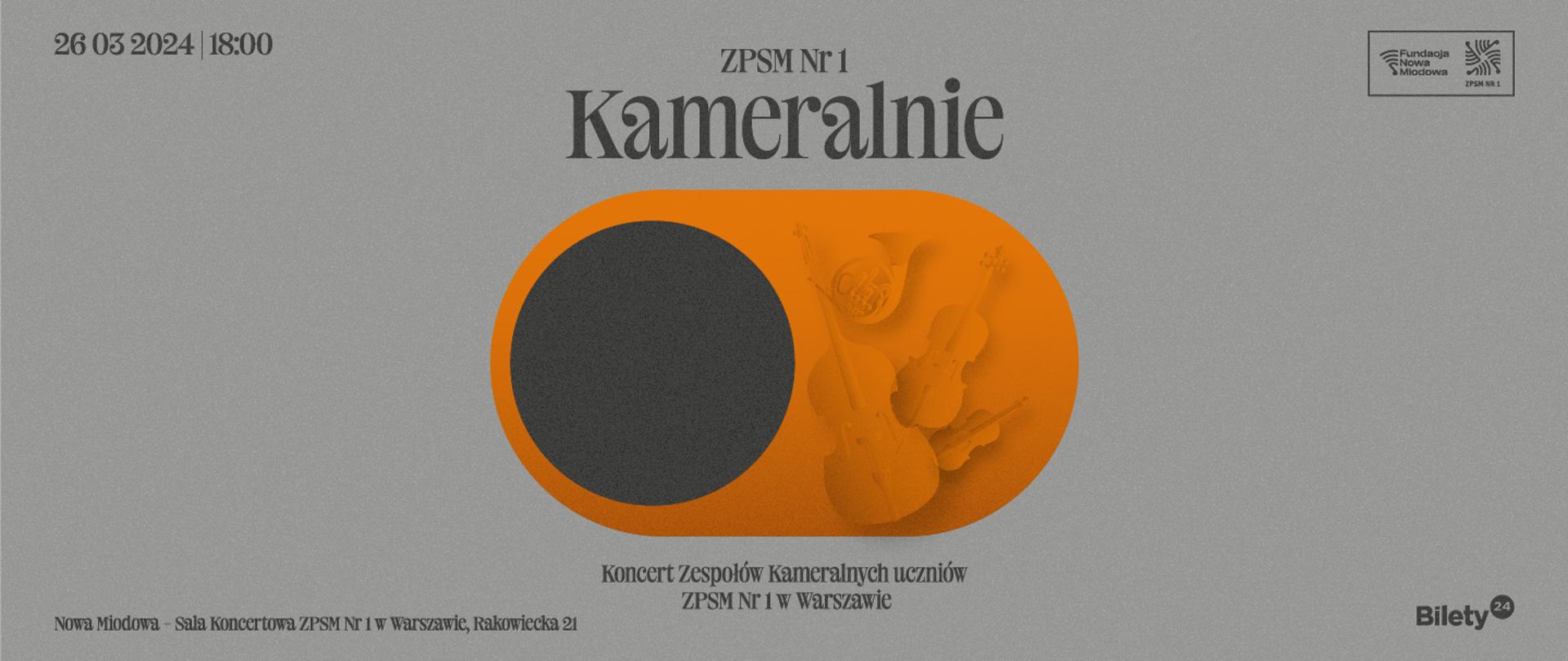 Szare tło, grafiki instrumentów na pomarańczowym tle, czarne litery