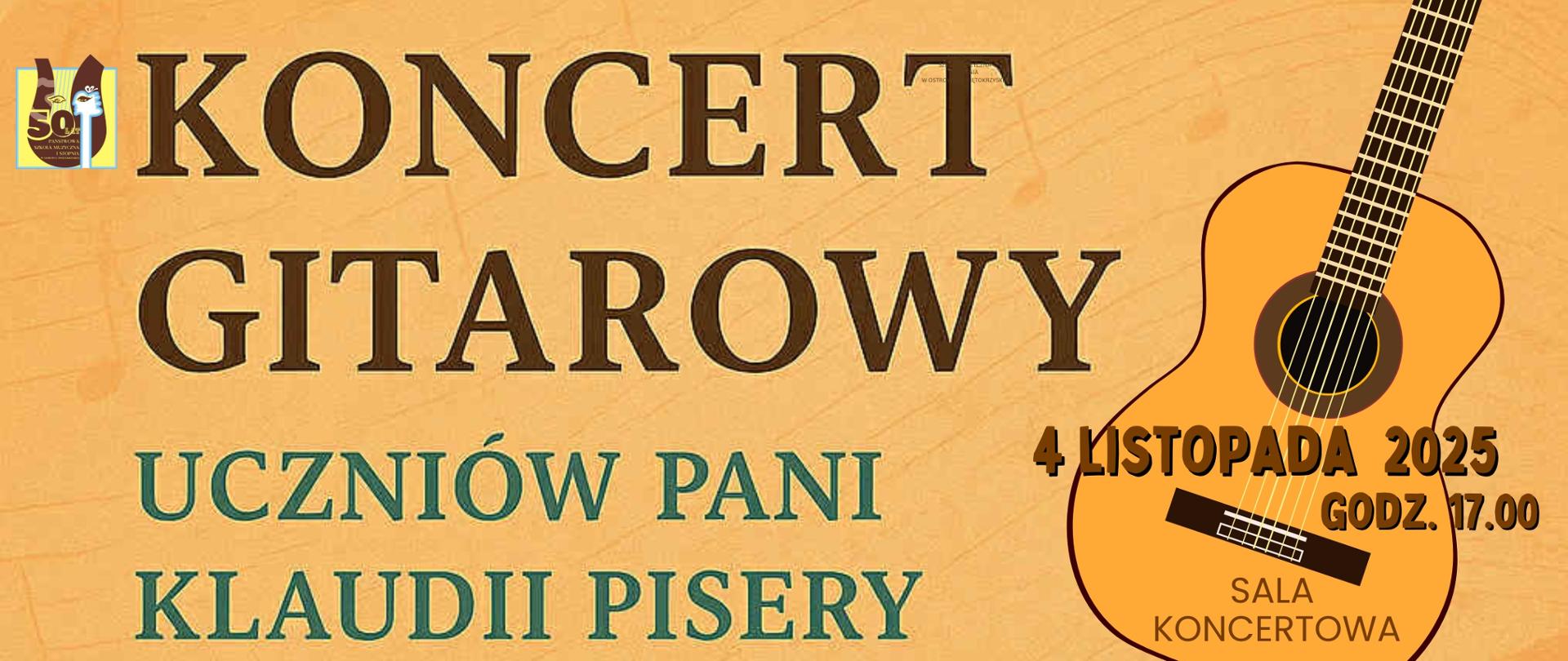 gitara na kremowym tle z brązowo-zielonymi literami informującymi o koncercie, na górze po lewej stronie logo szkoły
