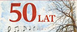 plakat z rysunkiem szkoły informujący o jubileuszu 50 lecia PSM w Mławie