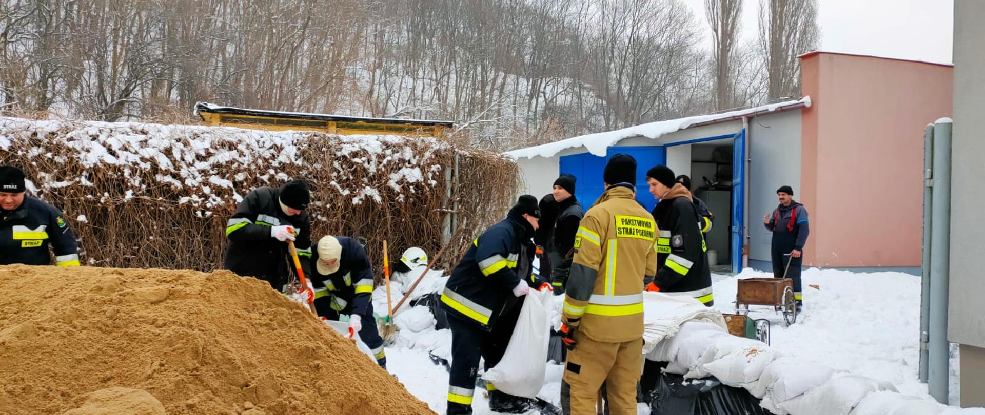 Strażacy pomagający w działaniach przy zatorze lodowym na Wiśle w Płocku. Strażacy układają worki z piaskiem. W tle most i drzewa. 