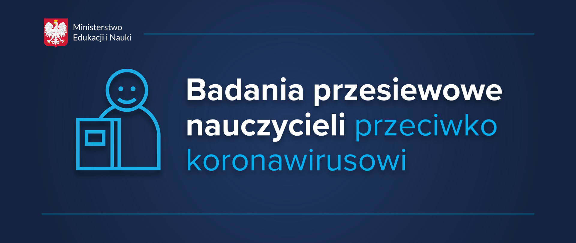 Granatowa grafika z ikoną nauczyciela i tekstem: "Badania przesiewowe nauczycieli przeciwko koronawirusowi"