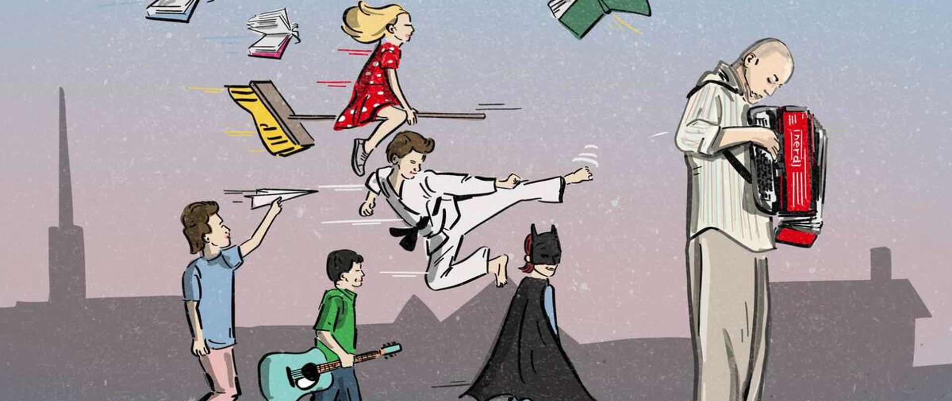 Okładka płyty Czesława Mozila. Dziewczynka leci na miotle, chłopiec puszcza papierowy samolocik, chłopiec-karateka, chłopiec z gitarą, chłopiec w stroju Batmana. Po prawej stronie sylwetka Czesława Mozila z akordeonem.