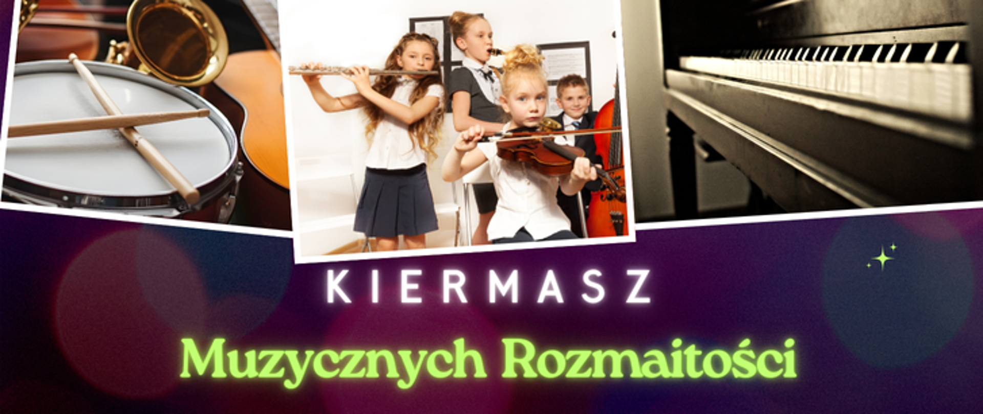 Plakat ma poziomy układ i utrzymany jest w ciemnej, koncertowej kolorystyce — dominuje fiolet, granat i czerń, z jasnymi, neonowymi akcentami zieleni i bieli. Tło przypomina rozmyte światła sceniczne, tworząc atmosferę wydarzenia artystycznego. W górnej części plakatu znajduje się kolaż zdjęć związanych z muzyką. Po lewej widać fragment instrumentów perkusyjnych i dętych, po prawej klawiaturę fortepianu. Centralnie umieszczone jest zdjęcie grupy kilkorga małych dzieci — uczniów szkoły muzycznej — grających na instrumentach. Dziewczynka na pierwszym planie trzyma skrzypce, inne dzieci grają m.in. na flecie. Dzieci są elegancko ubrane i skupione na grze. Po prawej stronie, na zielonym kształcie przypominającym pieczęć, widnieje napis:
„Młoda Podhalańska Filharmonia”. Niżej, dużymi literami, znajduje się tytuł wydarzenia:
„Kiermasz Muzycznych Rozmaitości”. Całość sprawia wrażenie radosnego, różnorodnego wydarzenia muzycznego, skierowanego do szerokiego grona odbiorców — rodzin, dzieci i dorosłych.
