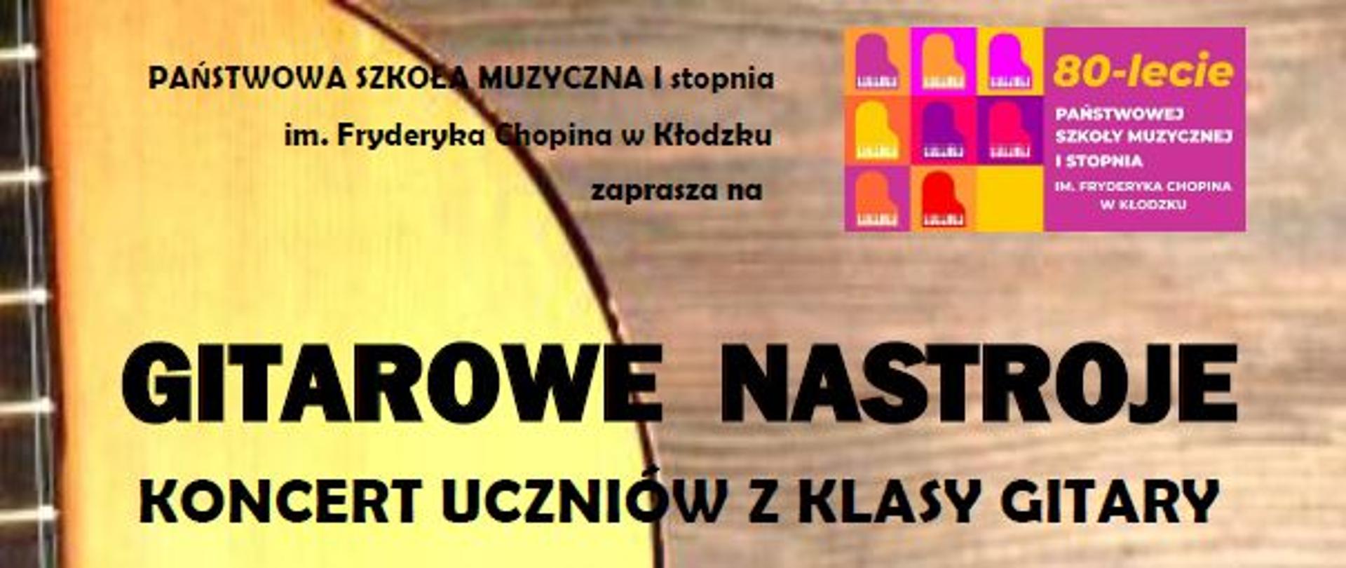 Plakat koncertowy z grafiką gitary oraz informacją tekstową dotyczącą koncertu uczniów klasy gitary, który odbędzie się 28 maja 2025 w auli PSM w Kłodzku