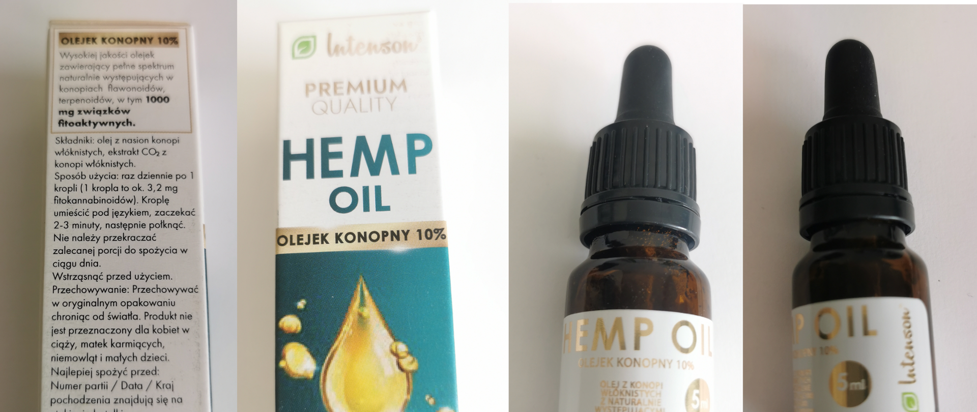 Opakowanie wraz z butelką preparatu PREMIUM QUALITY HEMP OIL olejek konopny 10% 5ml