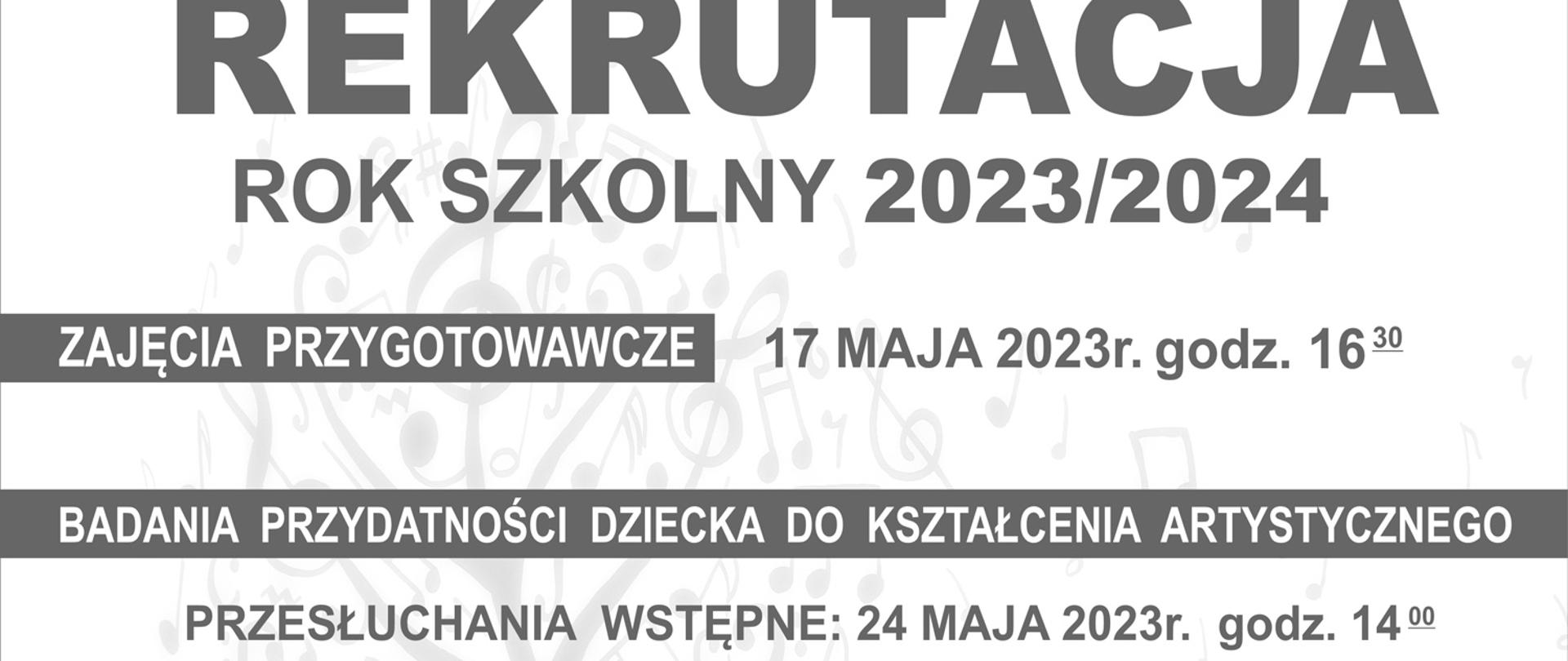 Plakat z widokiem budynku szkoły. w górnej części plakatu niebieskie tło z wpisem Państwowa Szkoła Muzyczna I st. im. Andrzeja Kurylewicza w Namysłowie, Namysłów, ul. Józefa Piłsudskiego 11, tel. 774101261, www.gov.pl/psmnamyslow. W dolnej części plakatu na białym tle wpis: Rekrutacja rok szkolny 2023/2024, zajęcia przygotowawcze 17 maja 2023r. godz.16:30, badania przydatności dziecka do kształcenia artystycznego przesłuchania wstępne 24 maja 2023r. godz.14:00. Szkoła prowadzi naukę gry na instrumentach: fortepian, gitara, skrzypce, saksofon, flet, trąbka, akordeon, perkusja, puzon. Wnioski o przyjęcie do szkoły składamy w sekretariacie szkoły lub drogą elektroniczną na adres: sekretariat@psmnamyslow.pl. Do wniosku dołączamy zaświadczenie lekarskie o braku przeciwwskazań do nauki w Państwowej Szkole Muzycznej. Wnioski przyjmujemy do 24 maja 2023 roku.