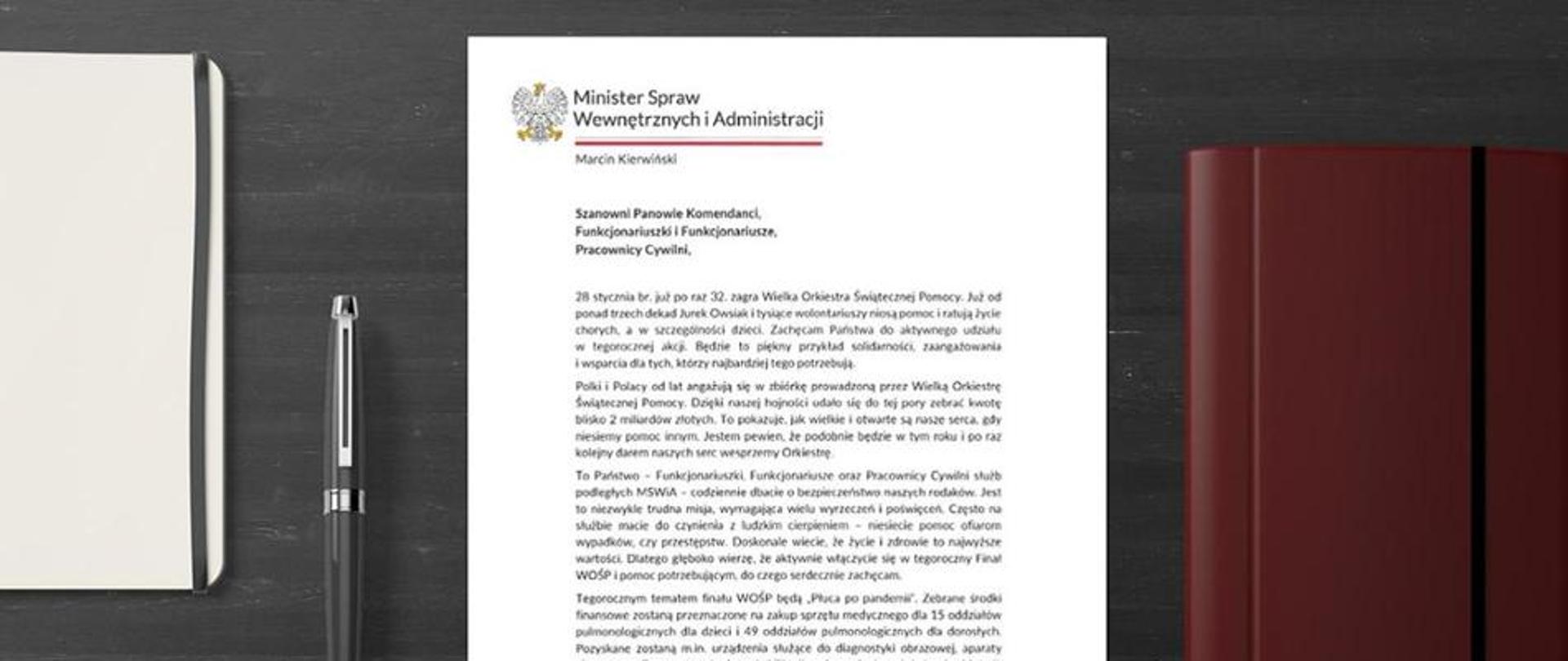Zdjęcie przedstawia list ministra Marcina Kierwińskiego nt. udziału w Wielkiej Orkiestrze Świątecznej Pomocy