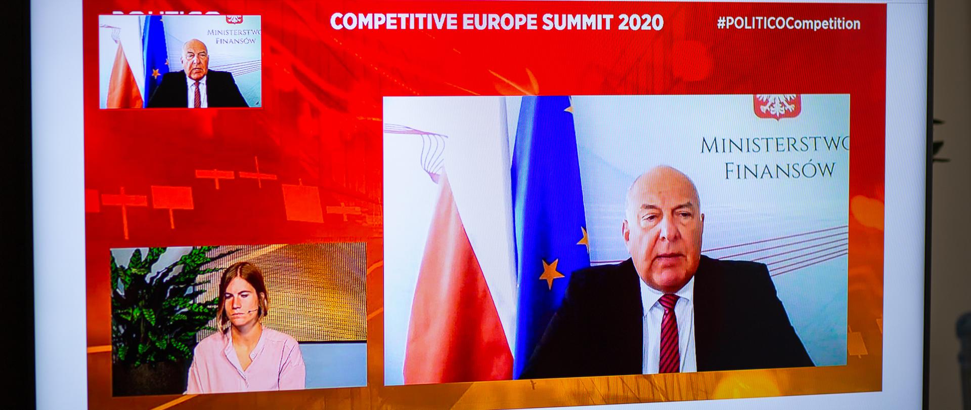 Na monitorze po prawej stronie minister Tadeusz Kościński na tel banera MF a po lewej inny uczestnik spotkania 