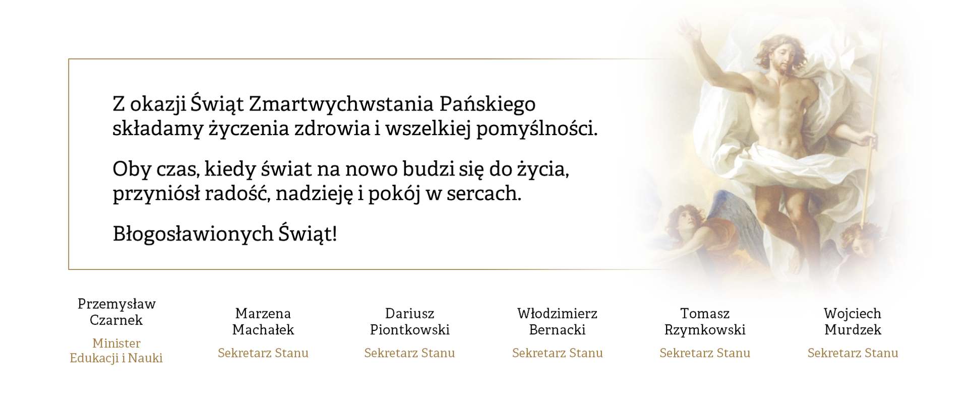 Grafika z życzeniami: "Z okazji Świąt Zmartwychwstania Pańskiego składamy życzenia zdrowia i wszelkiej pomyślności. Oby czas, kiedy świat na nowo budzi się do życia, przyniósł radość, nadzieję i pokój w sercach. Błogosławionych Świąt!"