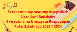plakat na żółtym tle, opisy wydarzenia na środku