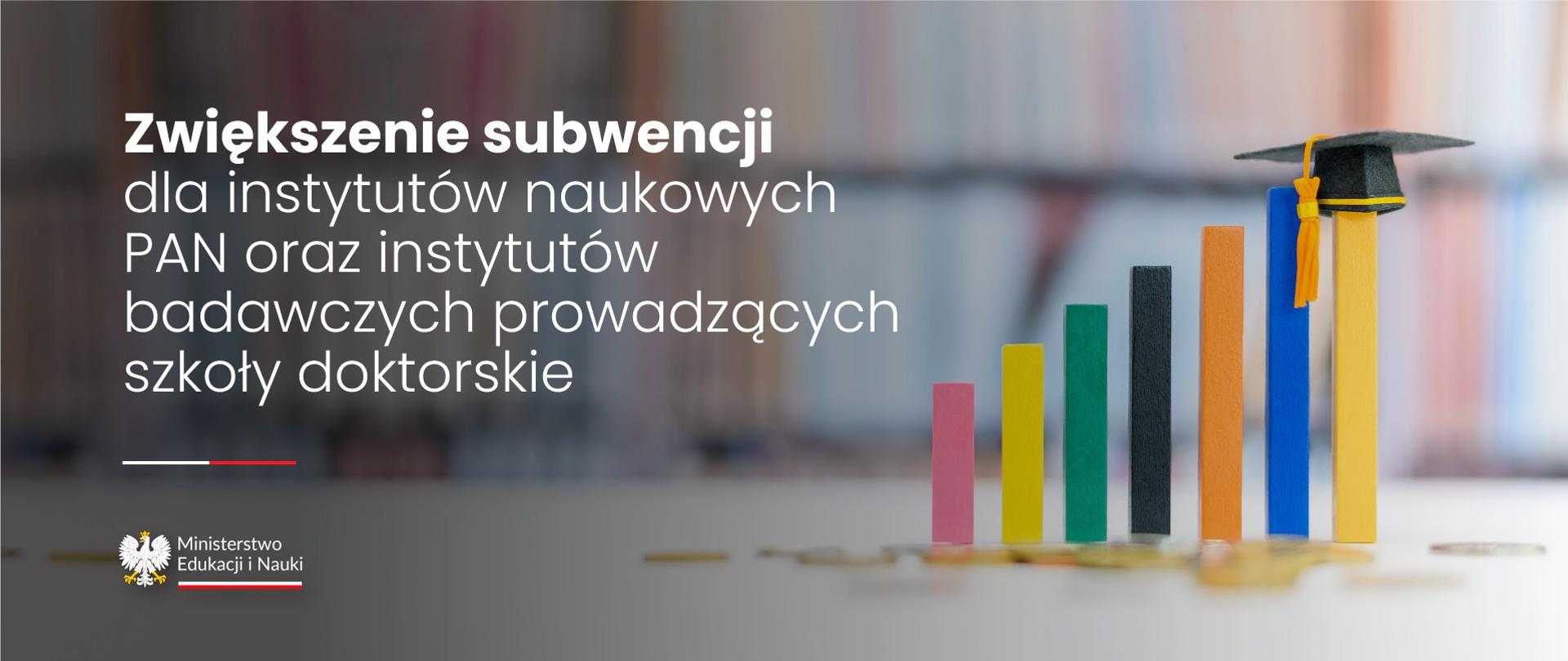 Grafika - stylizowany rosnący wykres słupkowy i napis Zwiększenie subwencji dla instytutów naukowych PAN oraz instytutów badawczych prowadzących szkoły doktorskie.