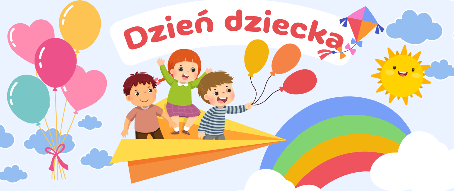 Tło obrazka w kolorze białym. Po lewej stronie kolorowe baloniki, Dalej na żółtym latawcu leci troje dzieci: dwóch chłopców i jedna dziewczyna. Chłopiec w pasiastym sweterku trzyma trzy kolorowe baloniki. Nad nimi czerwony napis "dzień dziecka". Po prawej stronie kolorowa tęcza, latawiec i uśmiechnięte słonko.