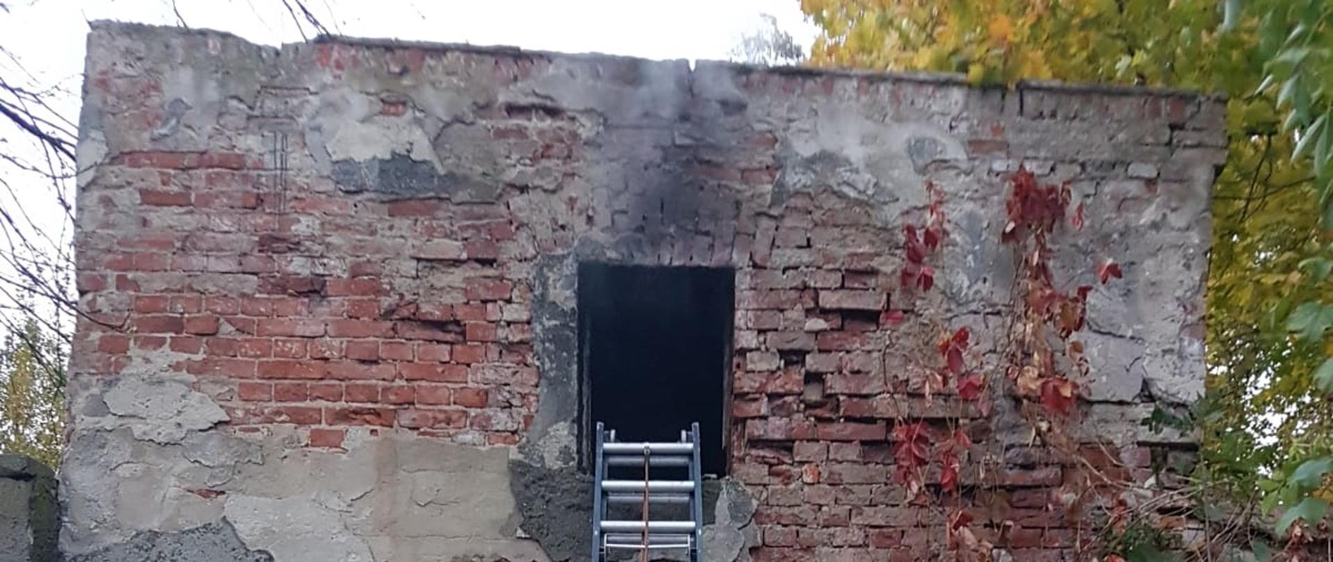 W opuszczonym budynku magazynowym przy ulicy Folwarcznej w Żarach powstał pożar na piętrze. Na zdjęciu znajduje się drabina strażacka oparta o mur budynku.