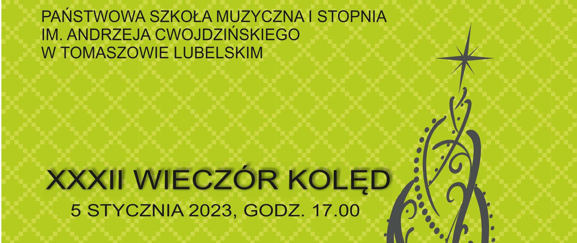 plakat graficzny przedstawiający choinkę na zielonym tle oraz kwadratowej mozaice, od góry nazwa szkoły, napisy z tytułem, występujący soliści, zespoły