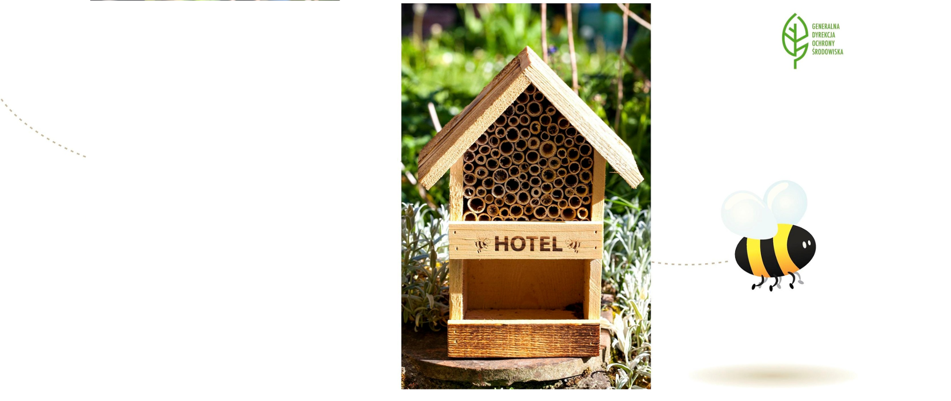 Na zdjęciu domek drewniany dla pszczół z napisem hotel. Obok grafika pszczoły