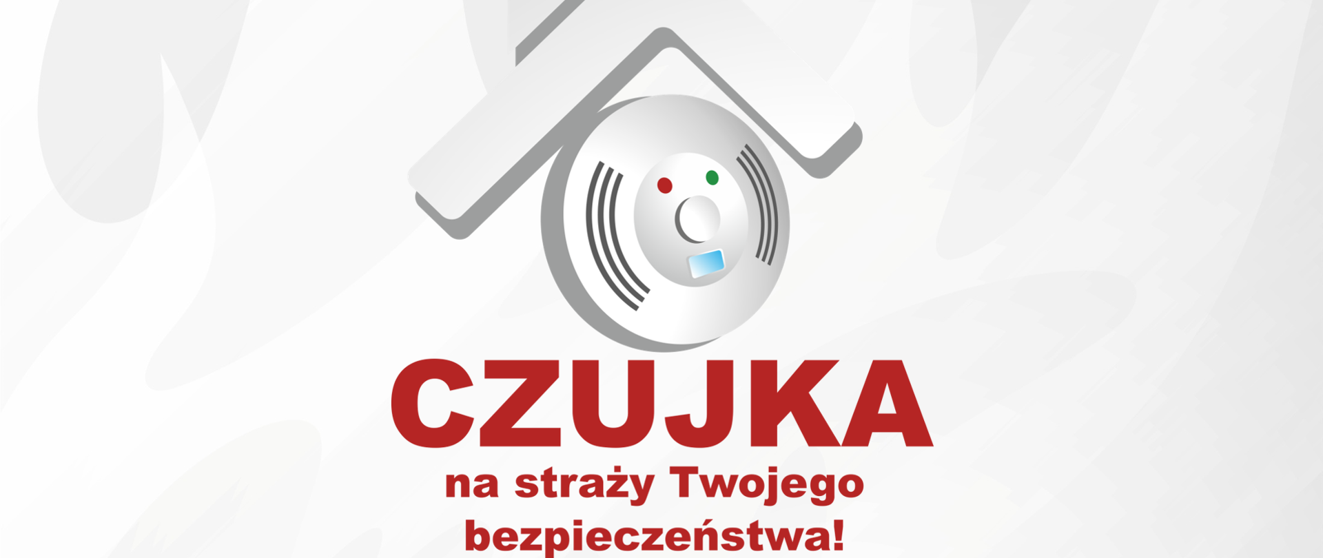 Grafika przedstawiająca szkic czujki dymu na białym tle. Okrągłe urządzenie z kontrolkami jedna koloru czerwonego a druga zielonego. Nad czujką symbol dachu dwuspadowego.