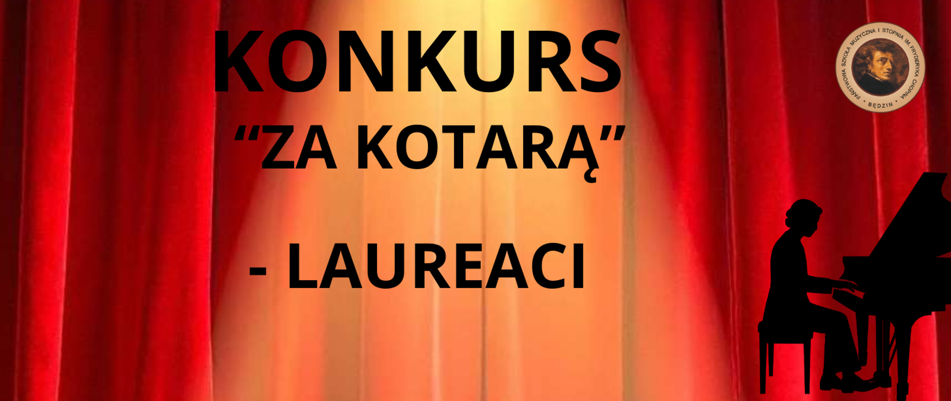 baner na pomarańczowym tle, na środku opis, po prawej ikona pianina i pianisty i logo szkoły