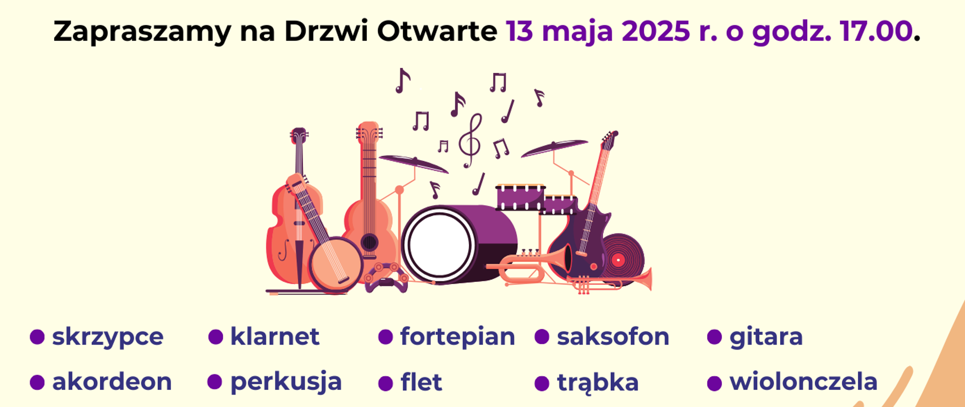 Plakat ze szczegółami rekrutacji w barwach żółto-pomarańczowych i grafiką instrumentów muzycznych. 