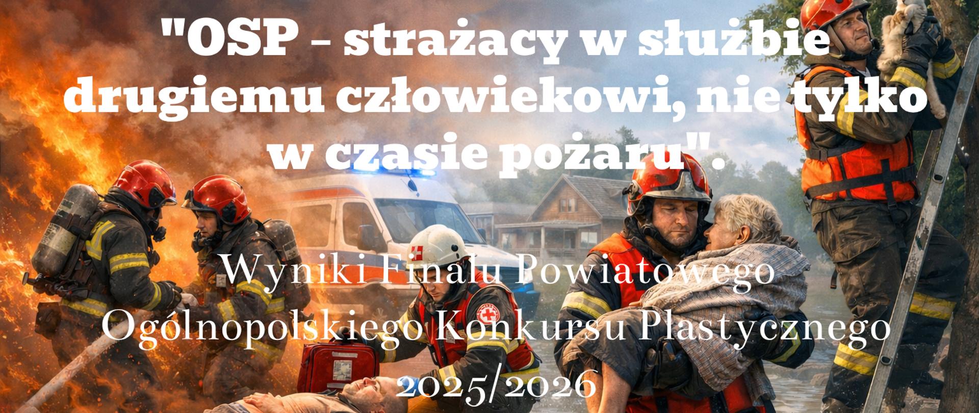 Grafika informacyjna o charakterze kolażu przedstawia różnorodne aspekty pracy strażaków, łącząc sceny walki z żywiołami oraz niesienia pomocy potrzebującym. W lewej części obrazu widoczni są dwaj strażacy w pełnym rynsztunku bojowym, którzy kierują silny strumień wody w stronę potężnych, jaskrawych płomieni ognia. Centralną część dolnej krawędzi zajmuje scena udzielania pomocy medycznej; ratownik w białym kasku klęczy przy poszkodowanym mężczyźnie leżącym na noszach, a w tle widoczna jest biała karetka pogotowia oraz zabudowania mieszkalne. Nieco powyżej, po prawej stronie od środka, strażak brnie przez wodę sięgającą kolan, niosąc na rękach starszą kobietę owiniętą w szary koc. Całość kompozycji zamyka po prawej stronie postać strażaka na drabinie, który bezpiecznie ewakuuje małego, biało-szarego kota. Na środku grafiki umieszczono biały, wyraźny tekst informacyjny: u góry pogrubiony tytuł konkursu „OSP – strażacy w służbie drugiemu człowiekowi, nie tylko w czasie pożaru”, a poniżej informację „Wyniki Finału Powiatowego Ogólnopolskiego Konkursu Plastycznego 2025/2026”.