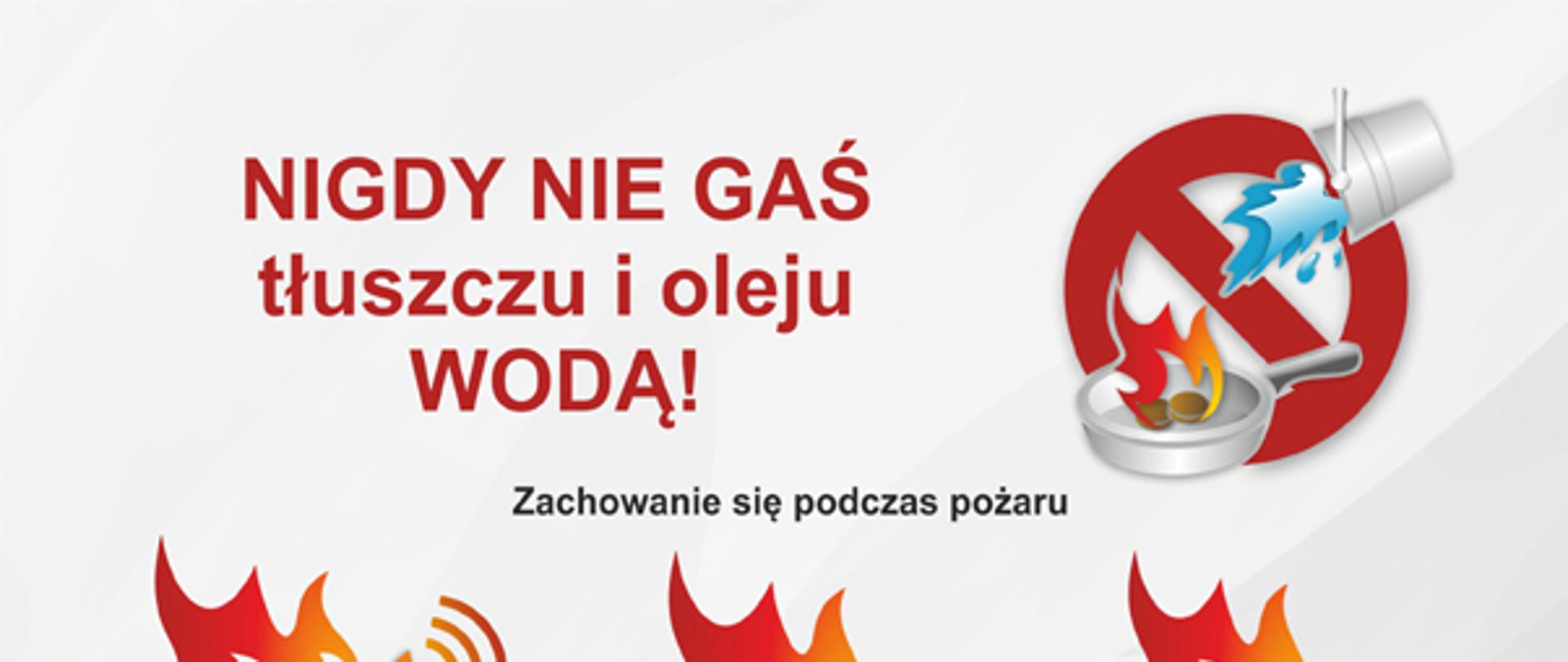 Plakat kampanii czujka na straży Twojego bezpieczeństwa pokazujący że nie wolno gasić tłuszczu i oleju wodą.
