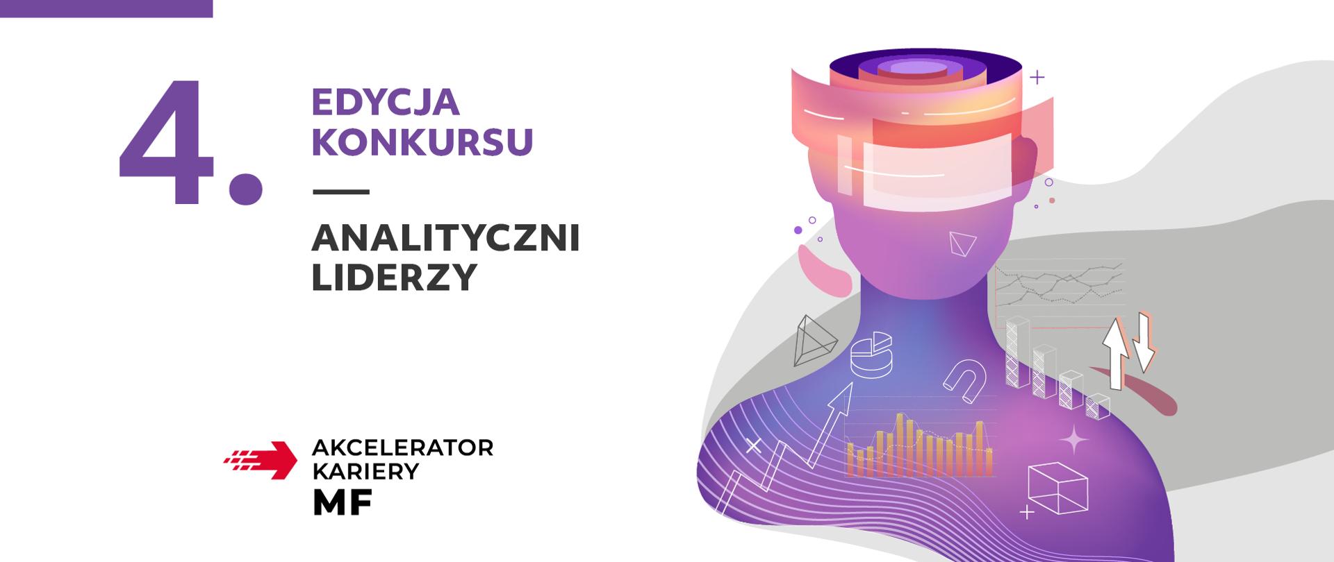 Napis po lewej stronie 4 edycja konkursu Analityczni Liderzy. Dodatkowo napis Akcelerator kariery MF