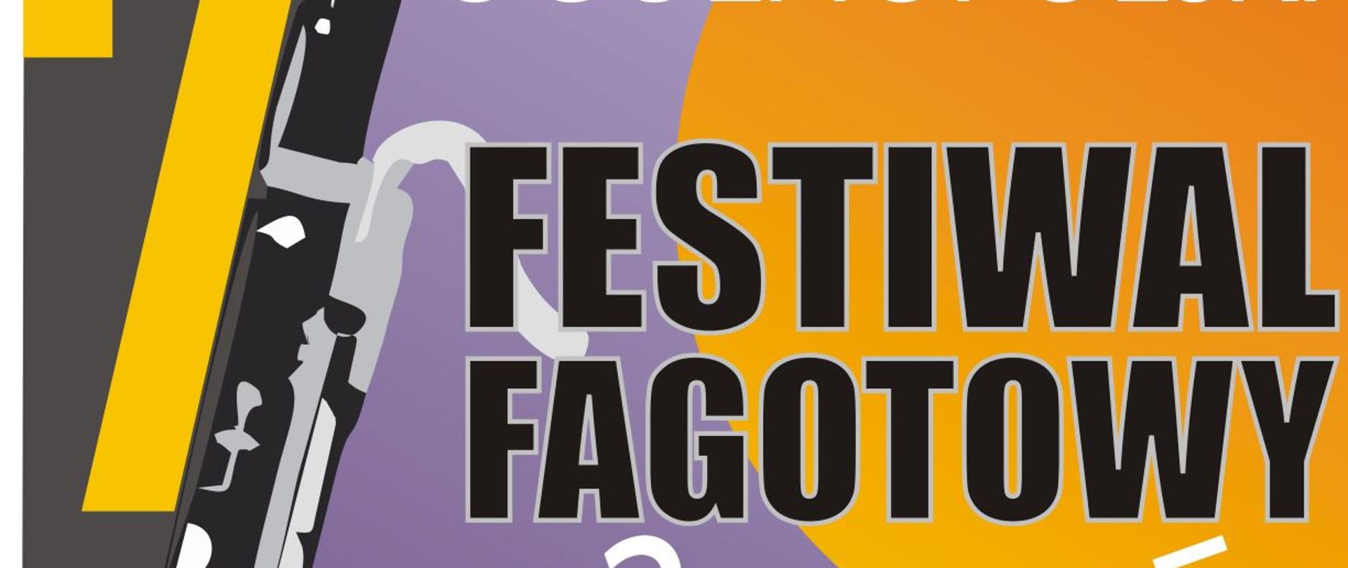  Fioletowe tło z żółtymi elementami, fagotem i napisami Ogólnopolski Festiwal Fagotowy 2023, przesłuchania, warsztaty, koncerty. Organizatorzy Centrum Edukacji Artystycznej, PSM Wadowice, Per La Musica, Gmina Wadowice, Gmina Spytkowice.