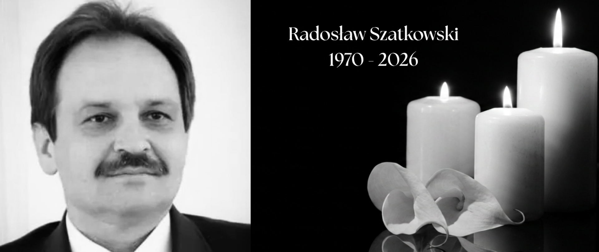 Grafika czarno-biała ze zdjęciem zmarłego Radosława Szatkowskiego Dyrektor OT KOWR w Pruszczu Gdańskim