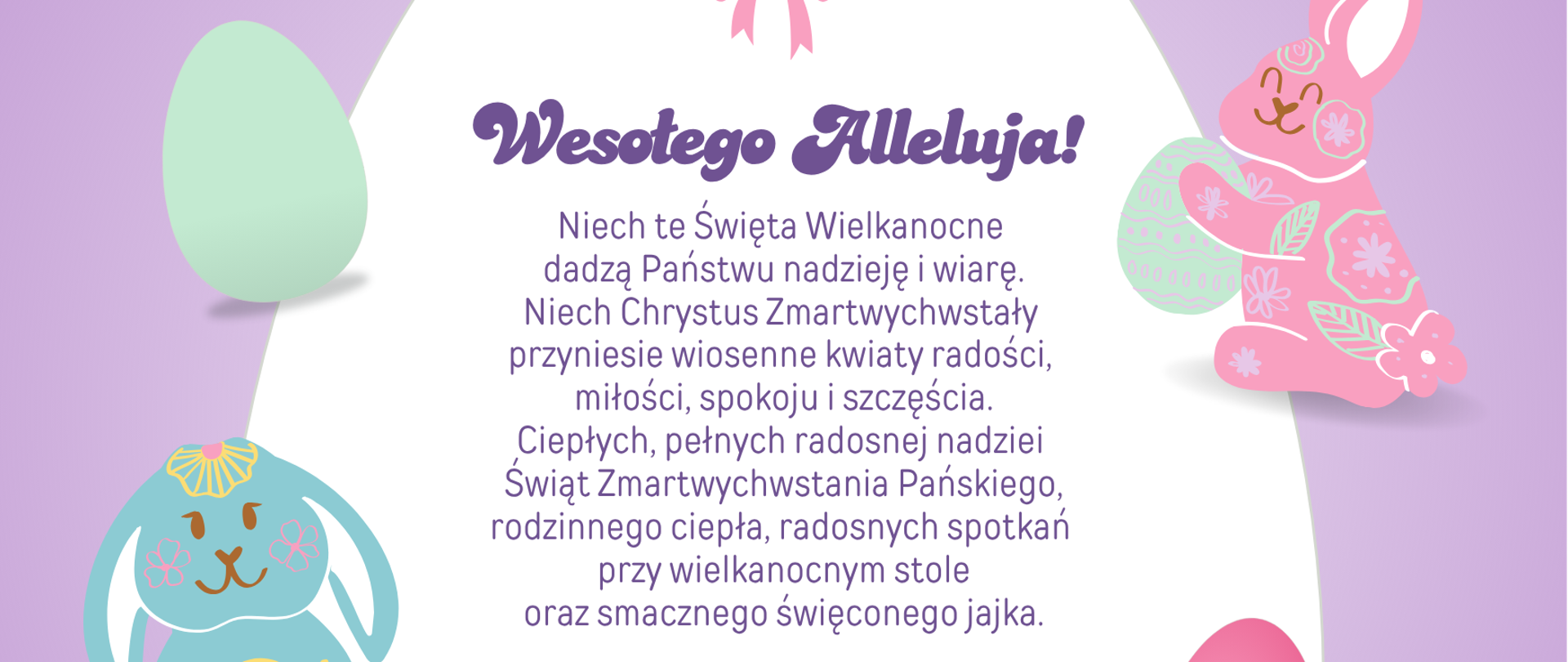 Pastelowa kartka wielkanocna z napisem „Wesołego Alleluja!”. Na środku znajduje się tekst życzeń wielkanocnych w języku polskim. Tło jest fioletowe z dużym jasnym owalem pośrodku. Po bokach widoczne są kolorowe ilustracje: dwa stylizowane zajączki (różowy po prawej i niebieski po lewej) oraz ozdobne pisanki. Na dole widnieje podpis społeczności Państwowej Szkoły Muzycznej I st. im. Witolda Lutosławskiego w Starogardzie Gdańskim oraz napis „Wielkanoc 2026”.