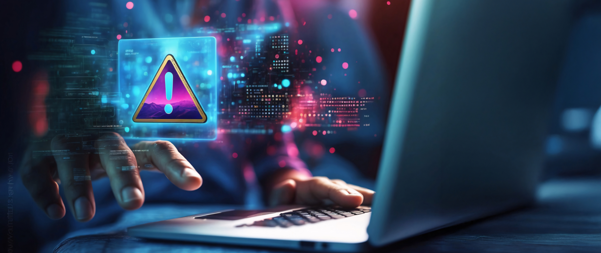 Otwarty laptop i dłonie na klawiaturze, na obrazku widoczny wykrzyknik