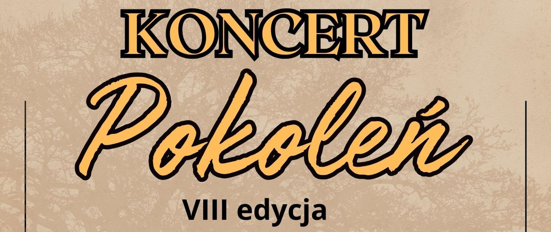 Plakat beżowe tło w tle prześwitujący zarys gęstej korony drzewa w prawym dolnym rogu zdjęcie rodziny kobiety ubrane na biało mężczyzna w marynarce ciemnej symbolizujące trzy pokolenia obok logo Centrum Kultury w Głuchołazach oraz stowarzyszenia Wichrowe Wzgórze według ustalonego znaku napisy koncert pokoleń ósma edycja wystąpią kwarty akordeonowy spacerską muzyce pierwszego stopnia w Głuchołazach pod kierownictwem Andrzeja tabisia chór Wrzos zespół wokalny Wichrowe Wzgórze uczniowie i uczennicy Zespołu Szkół w Głuchołazach uczniowie i ucznice publicznej szkoły podstawowej w bodzanowie uczniowie i Uczennice z publicznej szkoły podstawowej w jarnołtówku 24 kwietnia 2026 piątek godzina 17:00 sala widowiskowa Kinowa Centrum Kultury im Kawalerów Orderu Usmiechu w Głuchołazach
