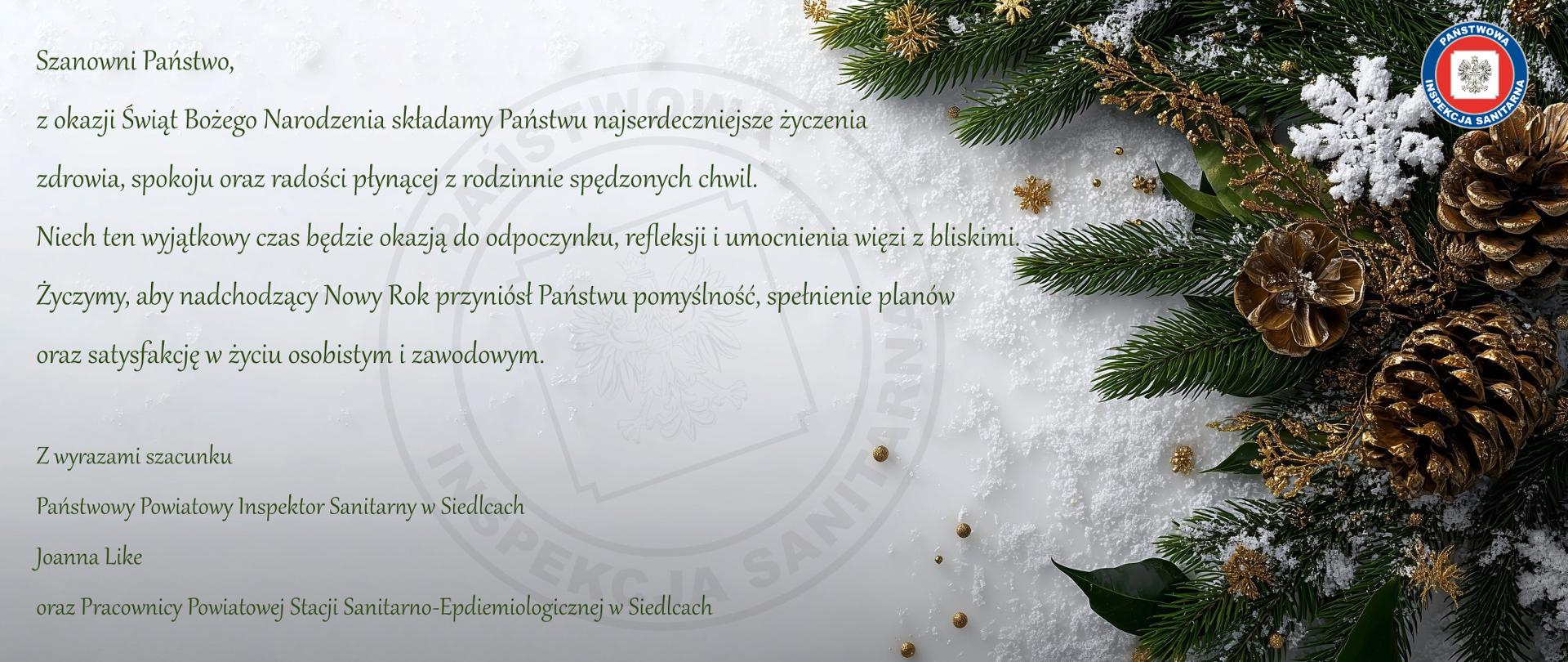 Treść życzeń. w tle stoik z szyszkami i dekoracjami świątecznymi.