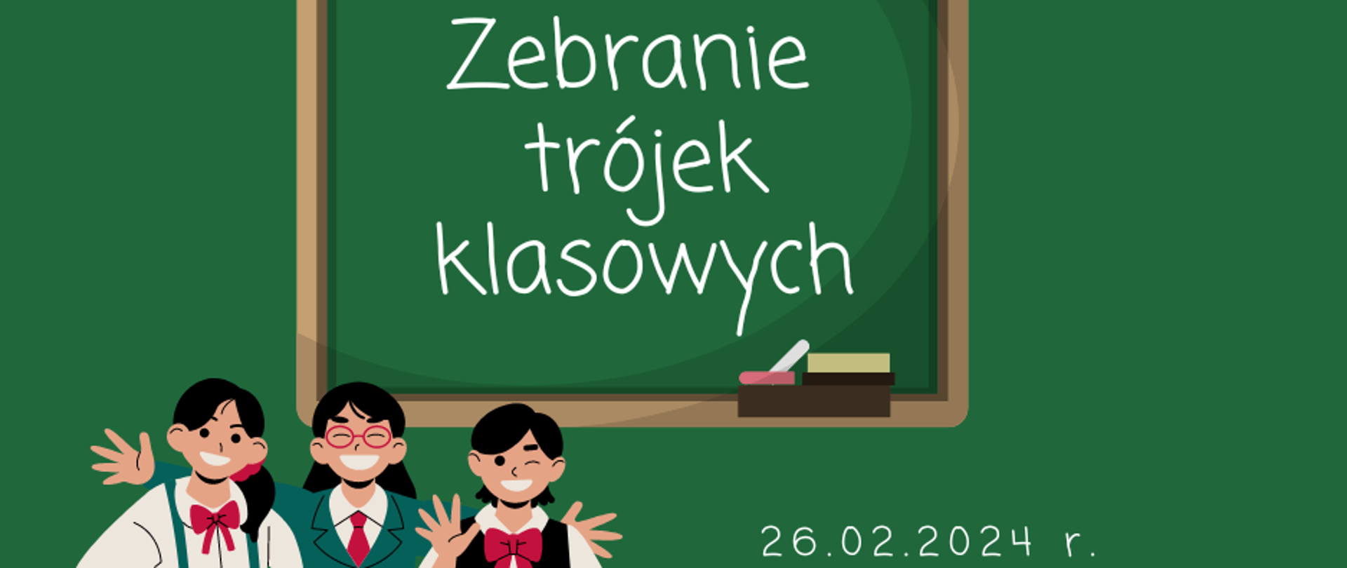 na zielonym tle w lewym górnym rogu czarne logo szkoły, na dole trzy uśmiechnięte postaci dzieci w szkolnych mundurkach