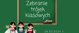 na zielonym tle białe napisy, na dole trzy uśmiechnięte postaci dzieci w szkolnych mundurkach