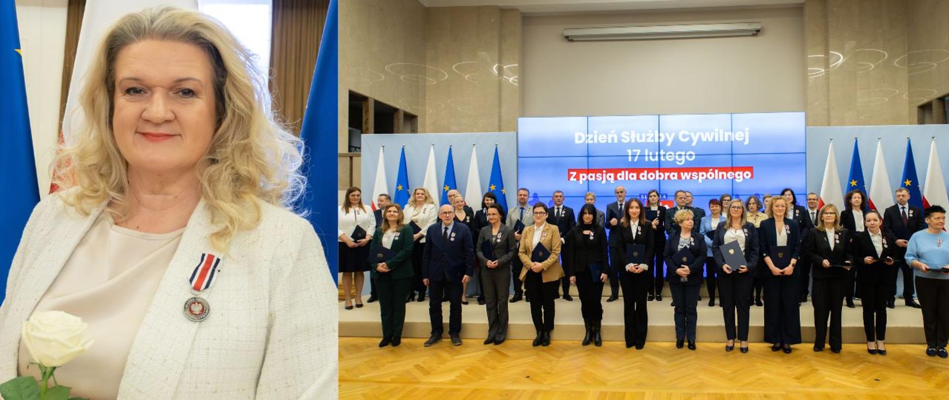 Dzień Służby Cywilnej. Wyróżnienie dla Marzeny Chacińskiej, dyrektora Biura Współpracy Międzynarodowej GIJHARS. Uroczystość w siedzibie KPRM. Portret odznaczonej urzędniczki oraz zbiorowa fotografia odznaczonych.