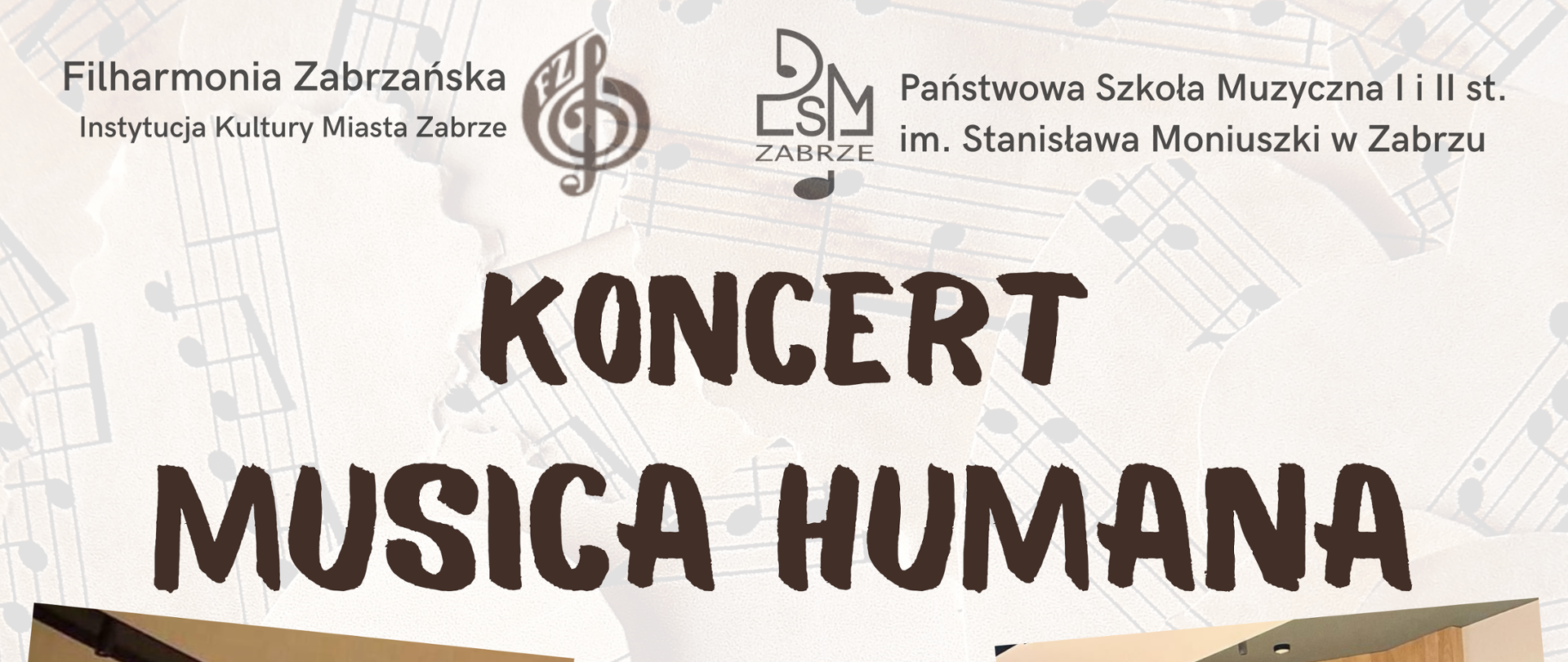 Na plakacie znajdują się napisy i zdjęcia młodych muzyków grających między innymi na skrzypcach i waltorni. Całość ma kolorystykę przewodnią w brązach i beżach, z elementami graficznymi nut w tle.