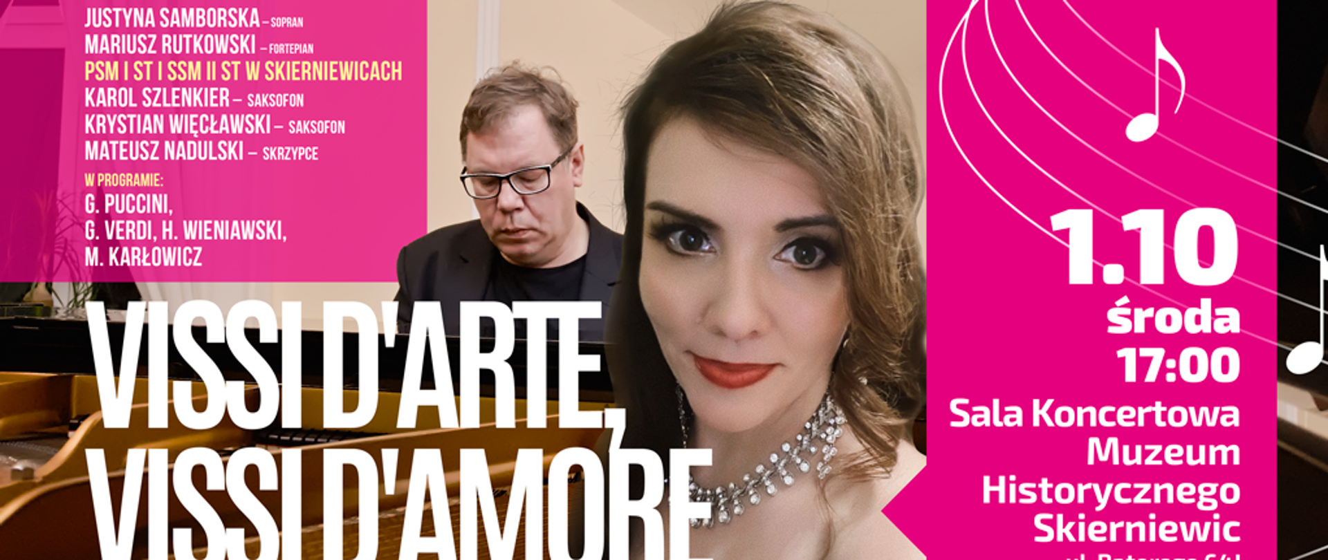 Plakat na różowym tle, przedstawiający muzyków. 