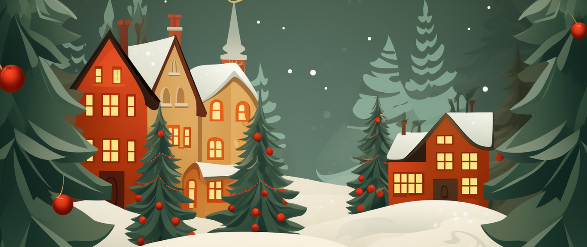Plakat z zimowym krajobrazem: w tle ośnieżone domy i choinki z czerwonymi ozdobami, a pod nimi prezenty. Na środku złoty napis "Wieczór kolęd". 