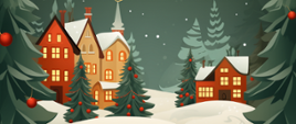 Plakat z zimowym krajobrazem: w tle ośnieżone domy i choinki z czerwonymi ozdobami, a pod nimi prezenty. Na środku złoty napis "Wieczór kolęd". 