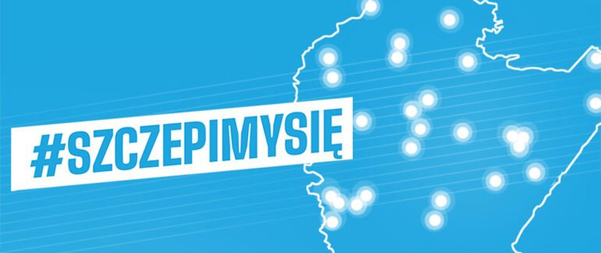Zarys mapy województwa podkarpackiego na niebieskim tle oraz napis szczepimy się