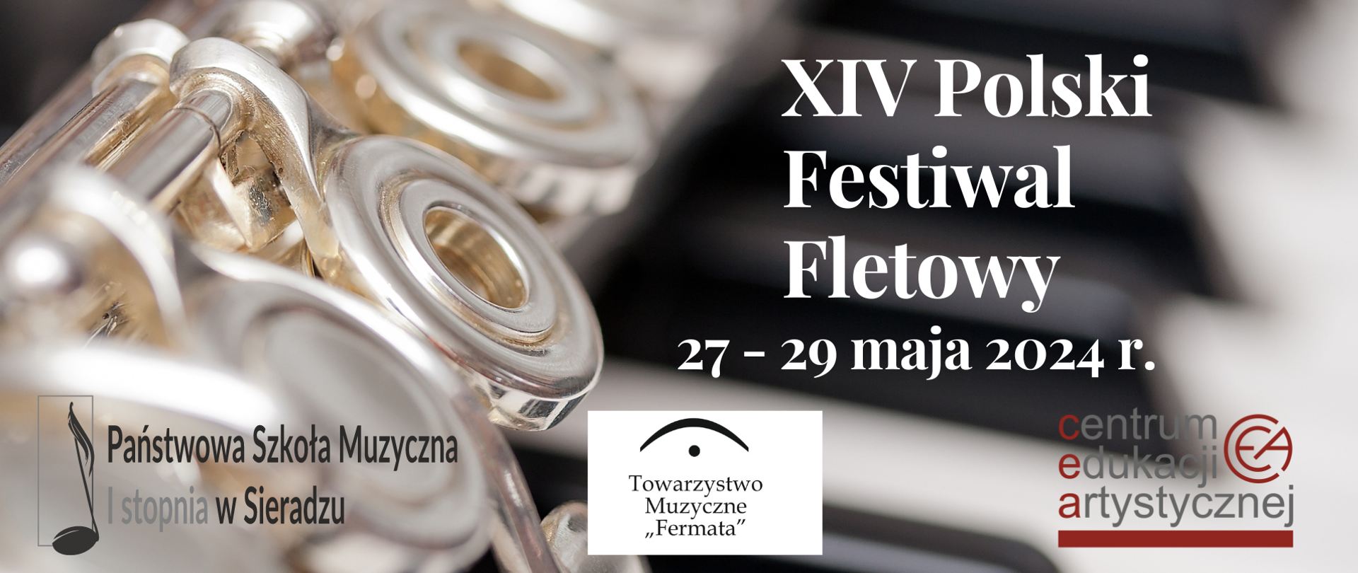 Po lewej stronie widać flet w zbliżeniu, obok widnieje napis XIV Polski Festiwal Fletowy 27-29 maja 2024 r.