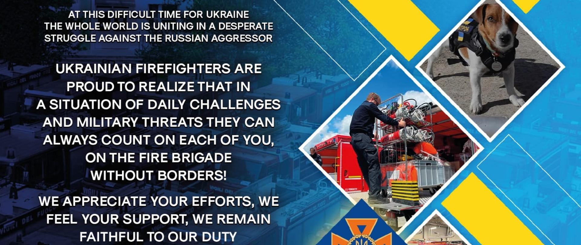 Na zdjęciu widać grafikę w kolorach niebiesko-żółtych z białymi napisami w języku angielskim, wyrażającymi podziękowanie dla Polaków za pomoc i wsparcie w obliczu walki z rosyjskim agresorem