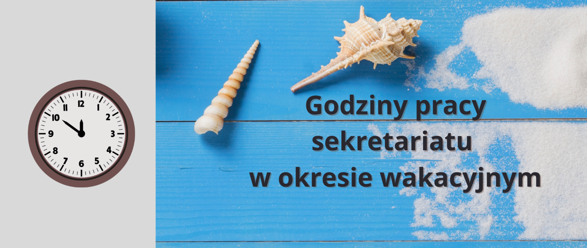 baner na niebieskim tle, po lewej zegar, po prawej napis