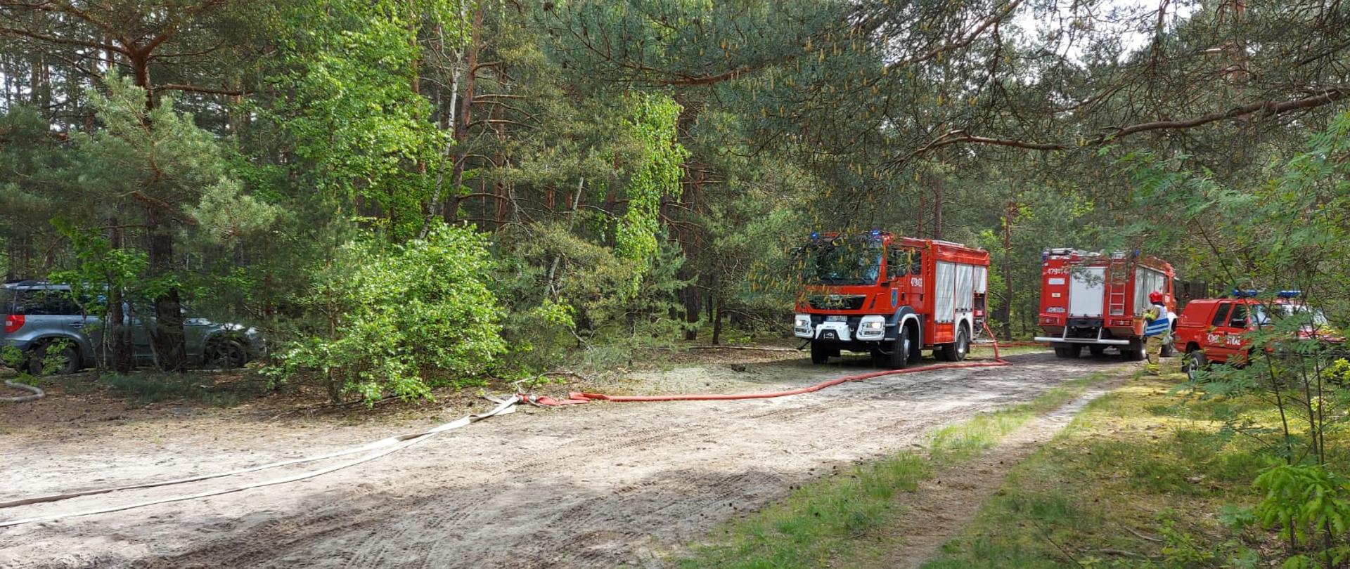 Zdjęcie przedstawia ustawienie czerwonych samochodów pożarniczych w trakcie ćwiczeń.