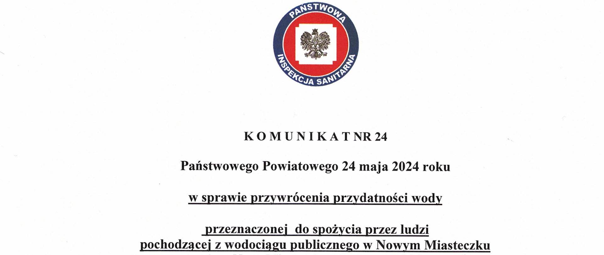 Komunikat nr 24 przywrócenie przydatności wody Nowe Miasteczko