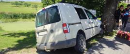 Tył pojazdu VW Caddy, który uderzył w drzewo.