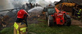 Strażak uczestniczący w działaniach gaśniczych. W tle widoczna ładowarka teleskopowa rozgarniająca pozostałości budynku, który uległ spaleniu. 