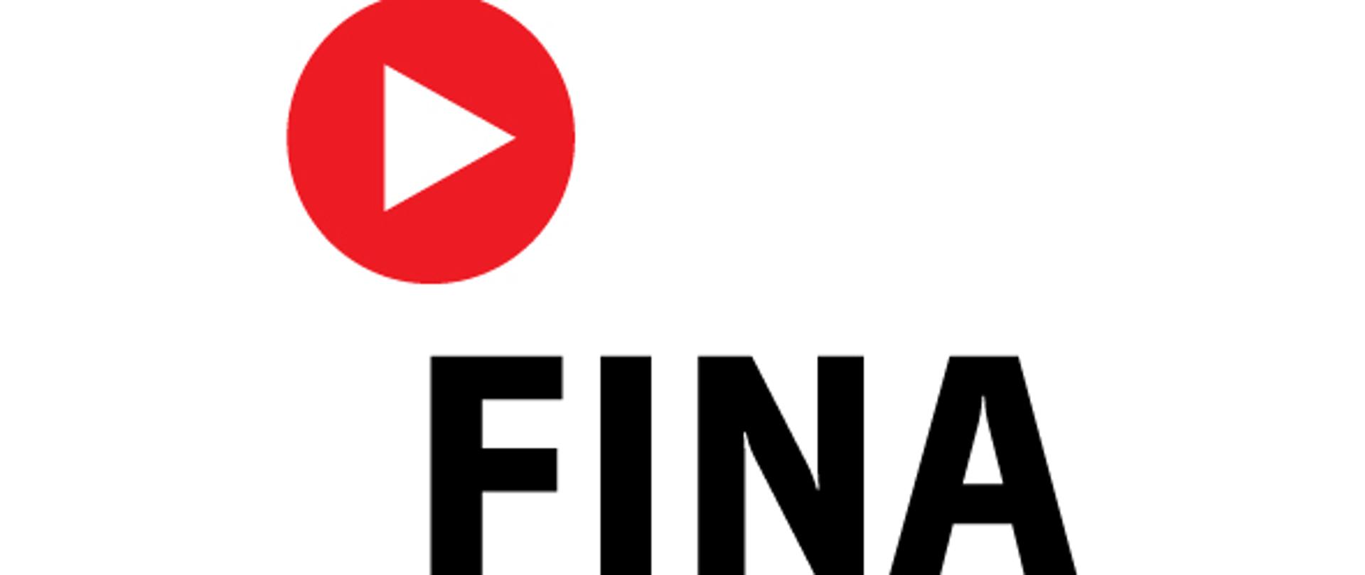 zdjęcie w pionie. Po środku biały trójkąt na okrągłym czerwonym tle. Pod nim napis "FINA"